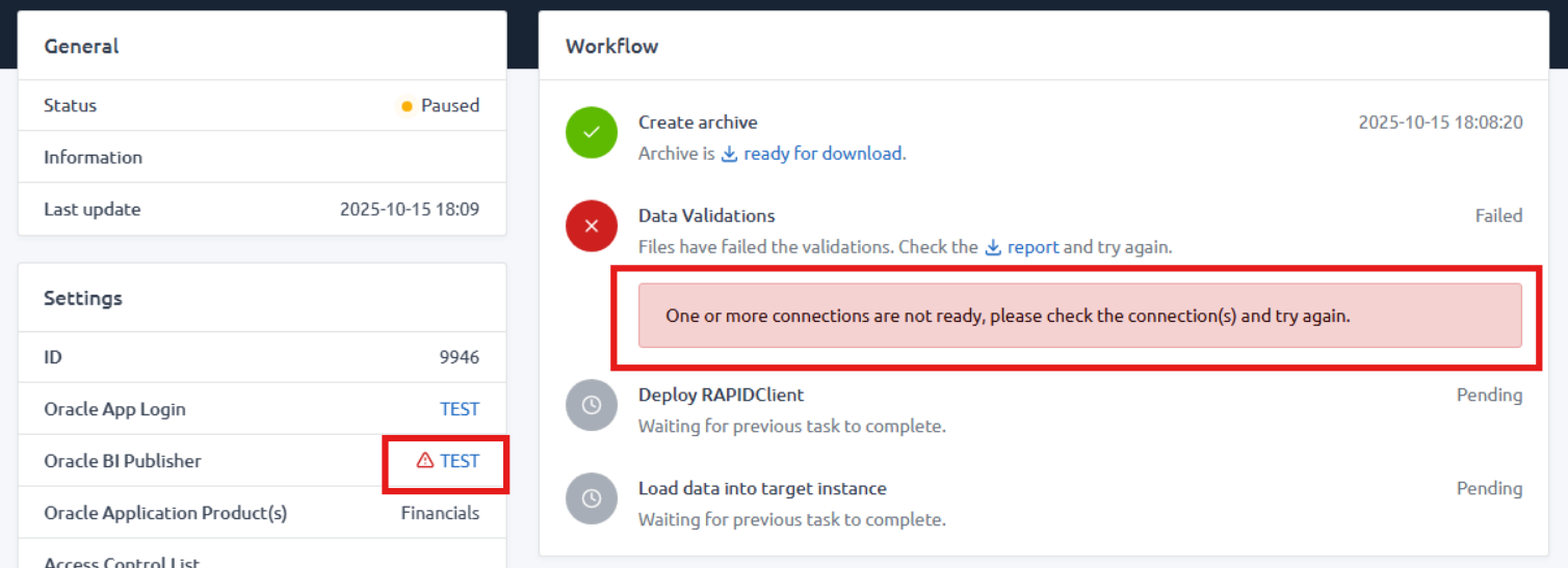 Connections status during upload.